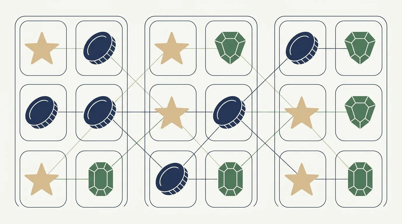Diagram der illustrerer slot-symboler og gevinstlinjer